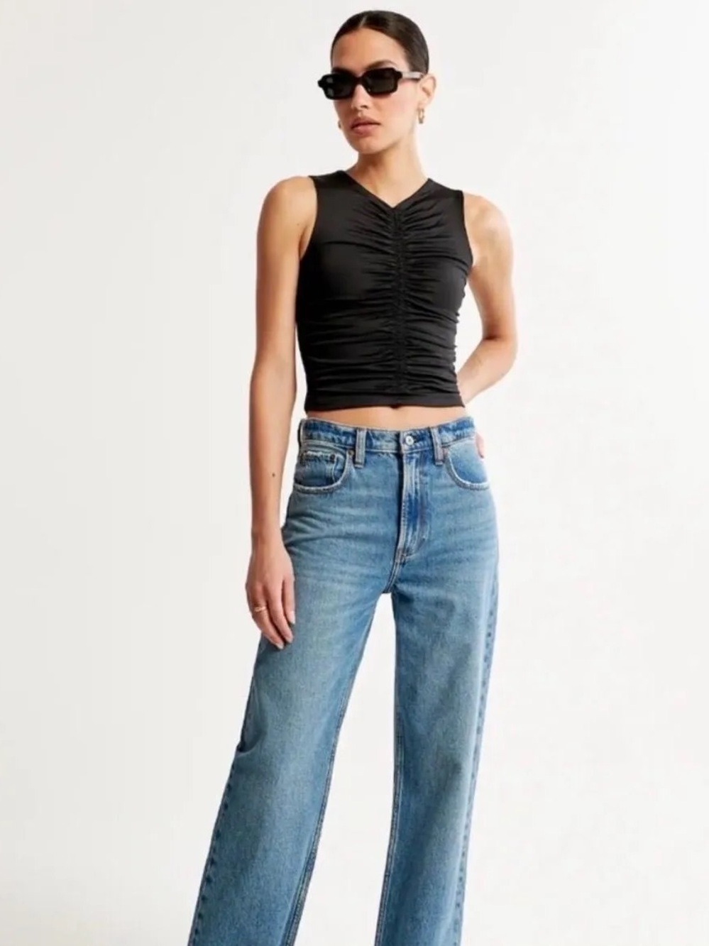 Abercrombie & Fitch Soft A&F Collection Ruched Cropped Tank Black